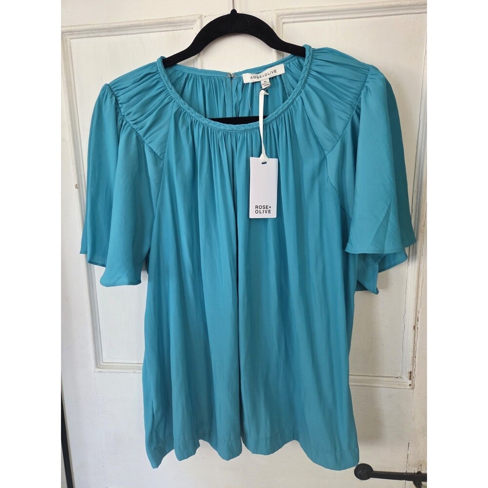 NWTs Rose + Olive Blue Round Neck Flutter Short Sleeve Blouse Size XL Turquoise